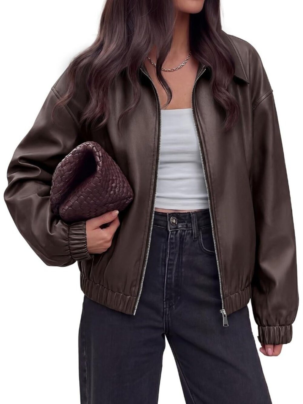Women Dark Brown Leather Lapel Collar Long Sleeve Pockets Zip Up Bomber Jacket